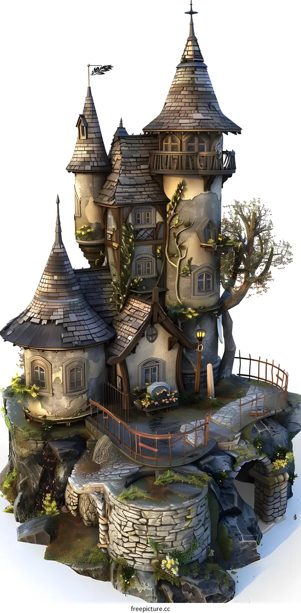 Fantasy Stone Tower House 3D Illustration