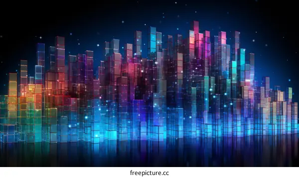 Cityscape of a futuristic city with skyscrapers made of glass and light