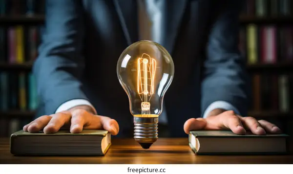 Light bulb floating between two books with a person in the background