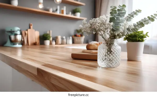 Modern Kitchen Countertop with Fresh Flowers