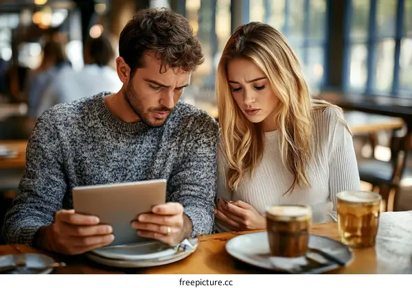 Couple looking at a tablet in a cafe