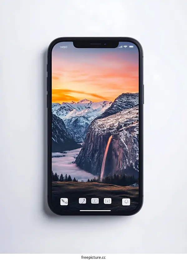 Phone screen with a mountain and waterfall wallpaper
