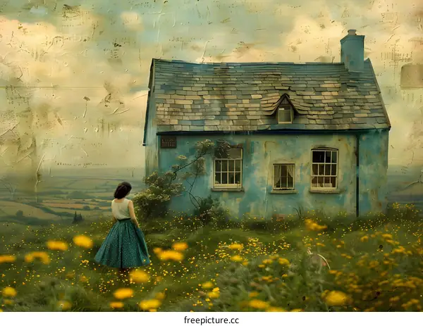 girl standing in a field of yellow flowers looking at an old cottage