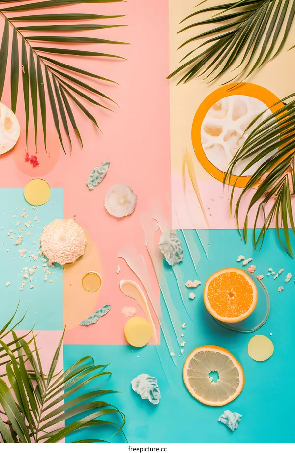 Tropical Summer Flat Lay with Palm Leaves and Fruit