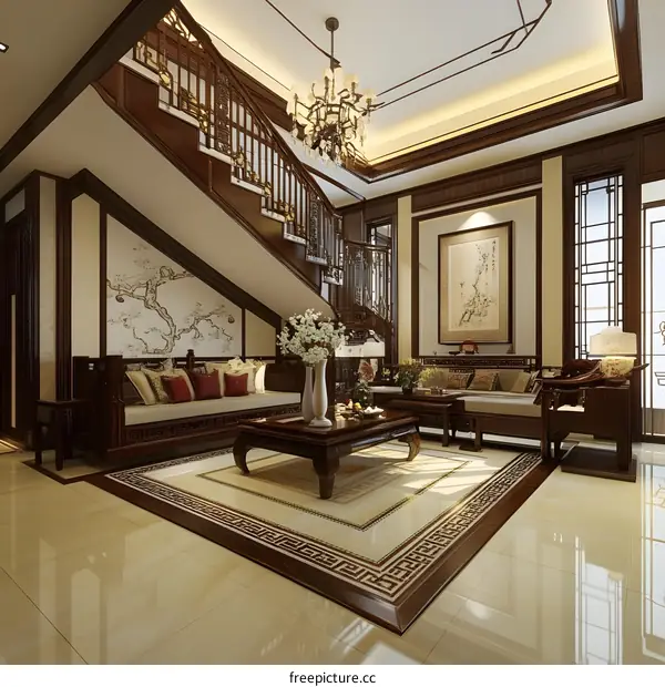 Modern Chinese Style Living Room Interior Design With Wooden Staircase