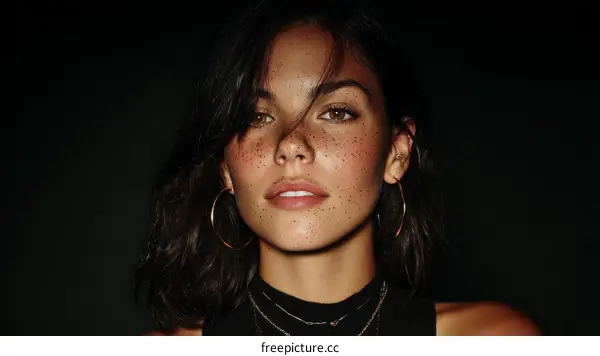 Close-up Portrait of a Woman with Freckles and Hoop Earrings