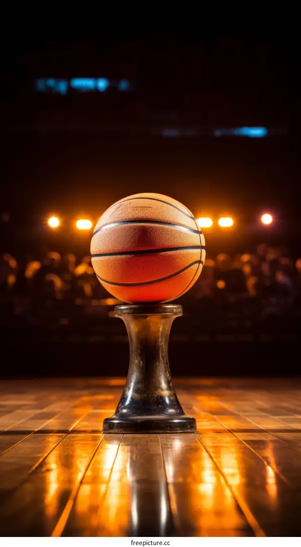Basketball sitting on a pedestal with a spotlight in the background