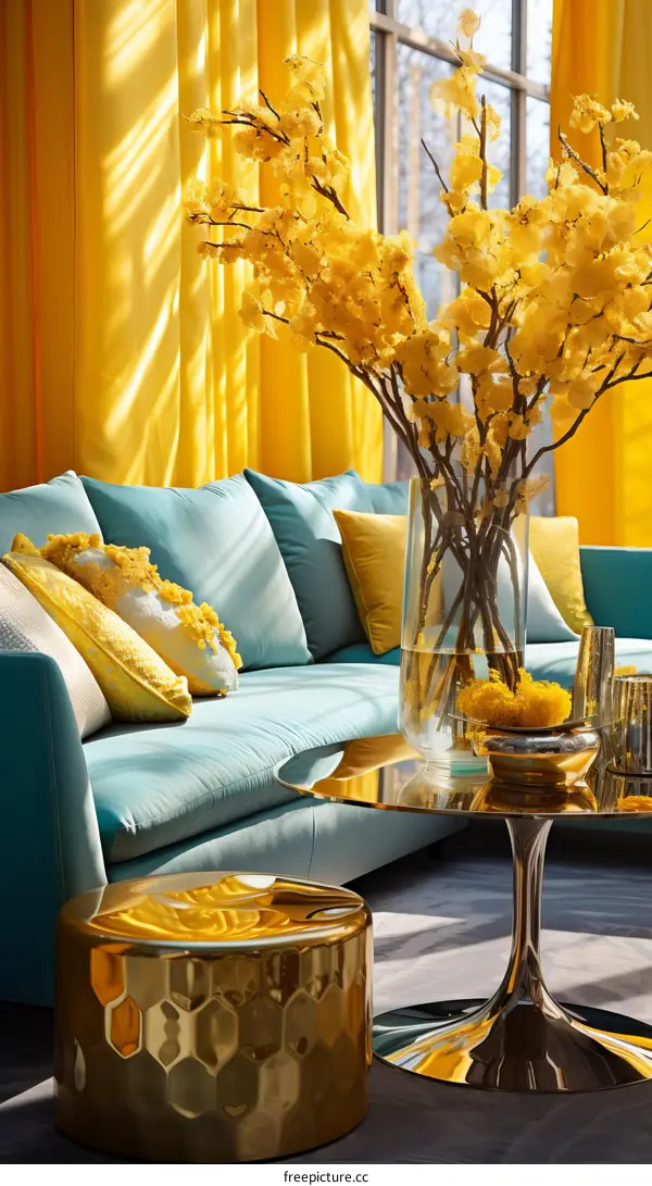 Blue and yellow living room interior design