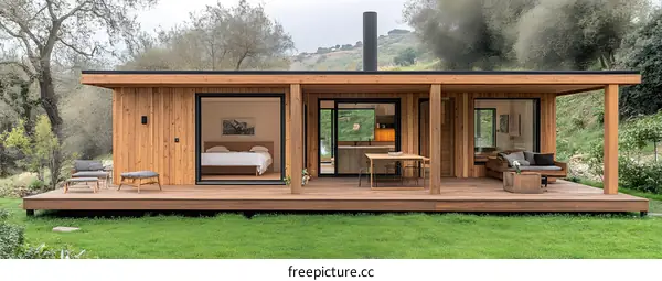 Modern Wooden Cabin with a Deck and Views of the Forest