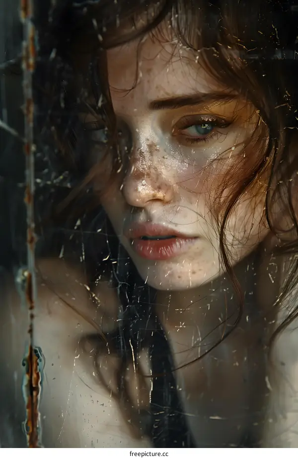 Portrait of a young woman with freckles on her face