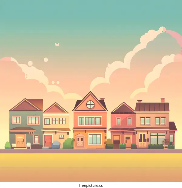 Cartoon Illustration of Five Colorful Houses on a Street