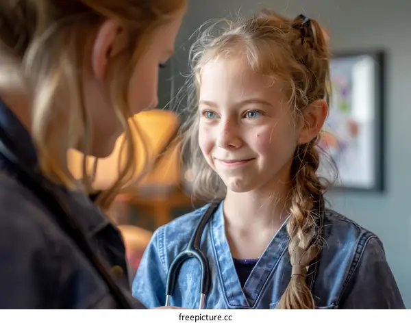 Little Girl Wearing Scrubs and Stethoscope Smiling