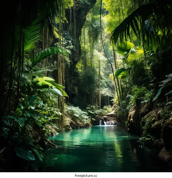 lush green vegetation in a dense jungle with a river flowing through it