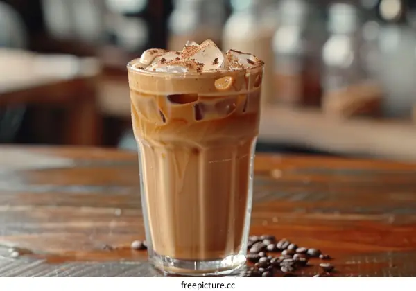 Iced coffee in a glass on a wooden table