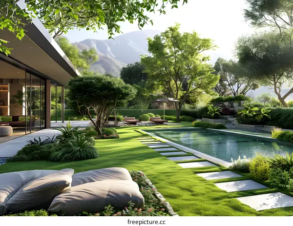 Modern house with swimming pool and lawn at the foot of the mountain