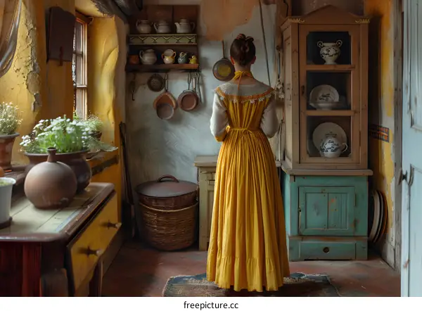 A woman wearing a yellow dress is standing in a kitchen.