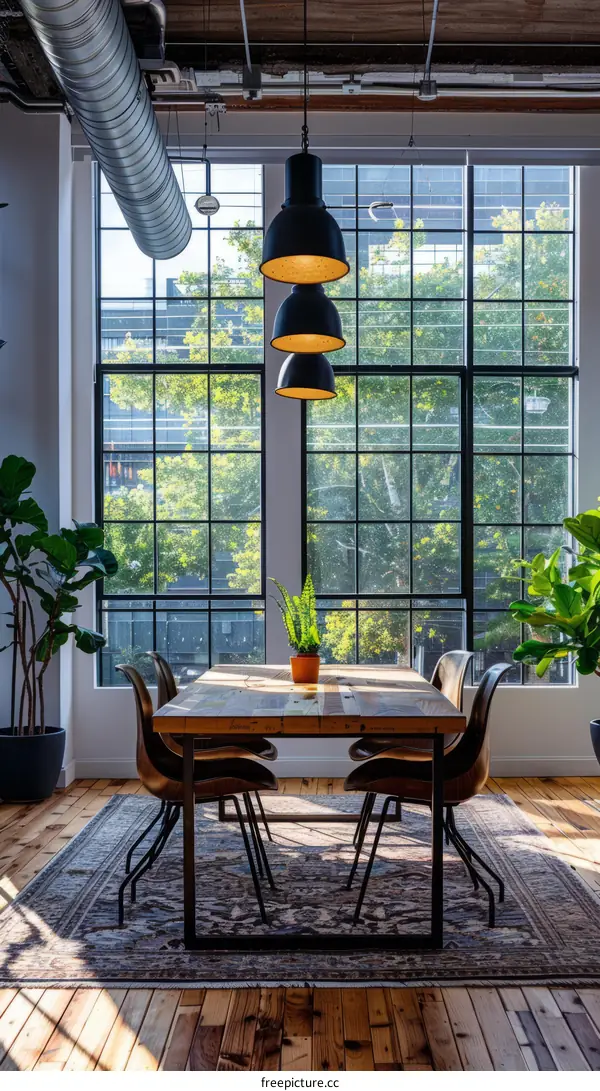 Industrial style dining room with large windows and plants