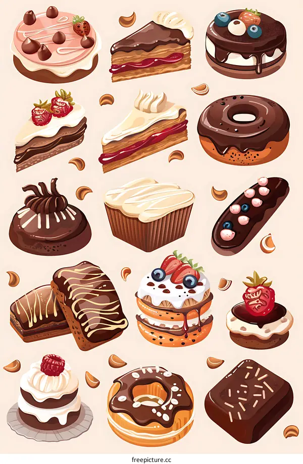 Various Chocolate Pastry and Cake Illustration