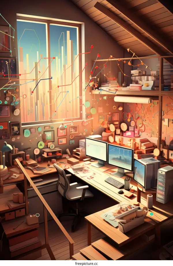 Cozy attic home office with large windows and a view of the city