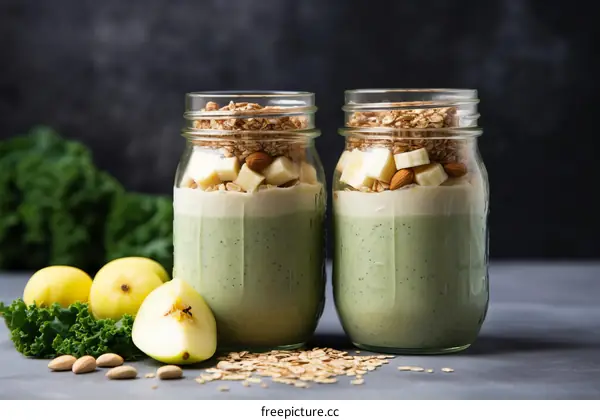 Two green smoothies in glass jars with apples, almonds and granola on the side