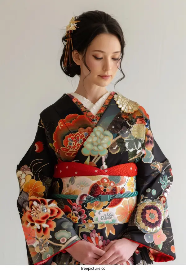 A woman wearing a kimono with a floral pattern