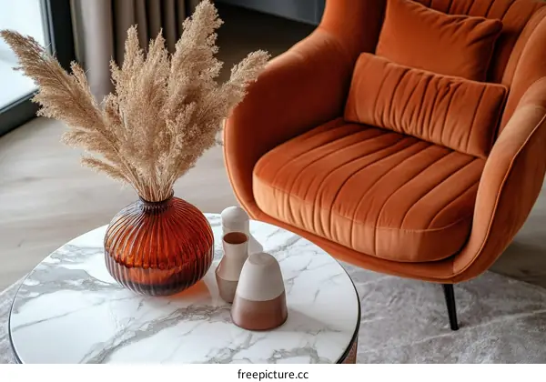 Modern Living Room with Terracotta Chair and Decor