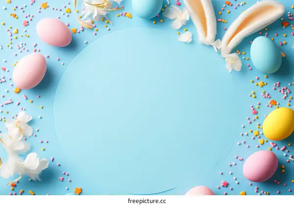 Colorful Easter Eggs and Decorations on Light Blue Background