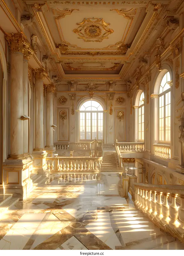 ornate hallway with marble floor and golden columns