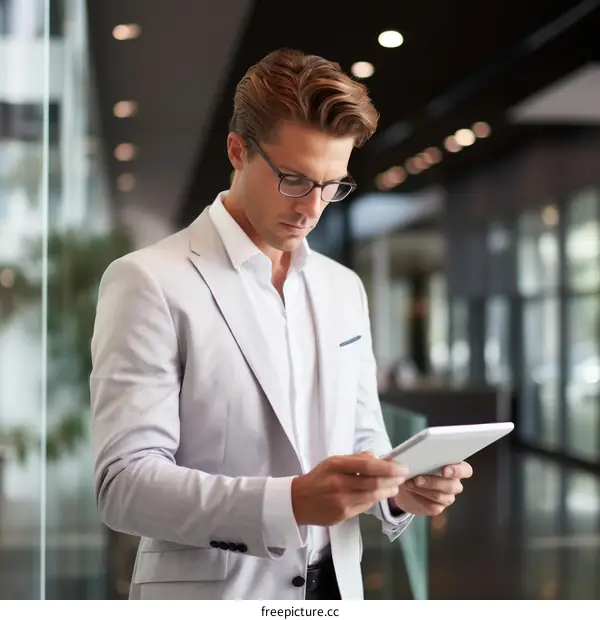 Businessman in suit using tablet