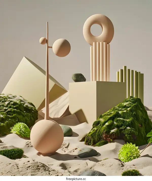 Abstract Minimalist Geometric Shapes With Sand, Green Moss, and Stone