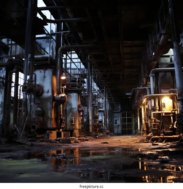 An abandoned factory building with large vats and pipes