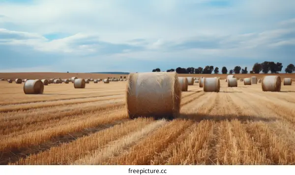 Field of hay rolls under blue sky with clouds