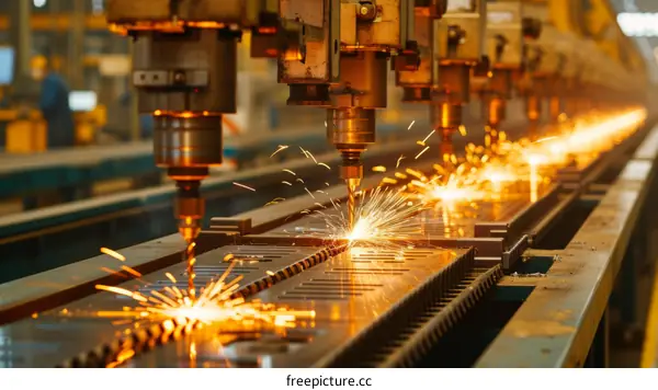 Industrial robots welding car parts in automotive manufacturing plant