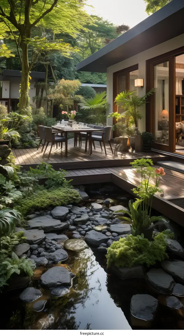 Garden with a Deck and a Pond