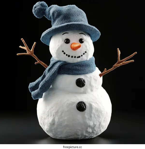 Cute Snowman Decorated with Blue Hat and Scarf