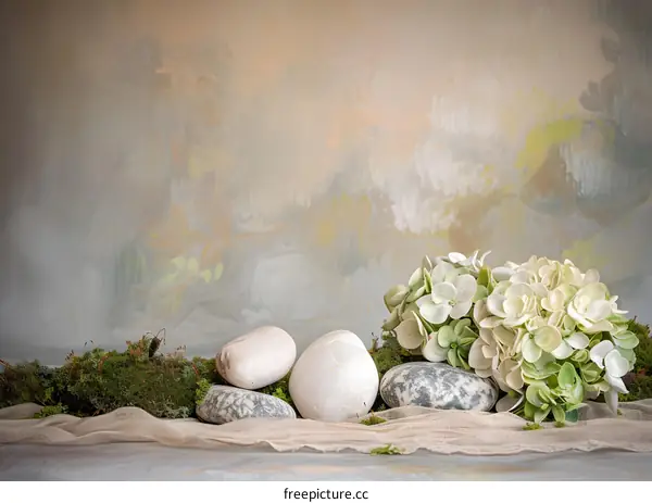 White Hydrangea Flowers with Rocks on Moss