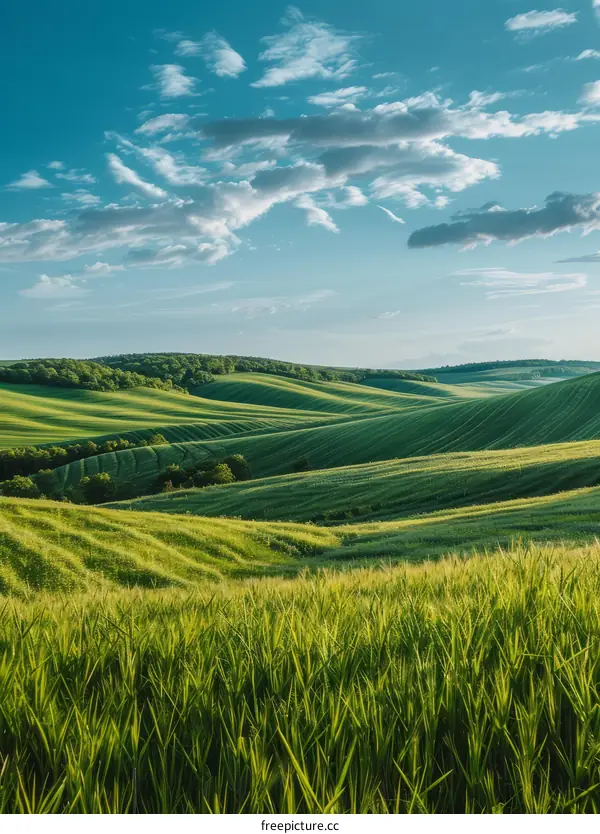 Green rolling hills under blue sky with clouds