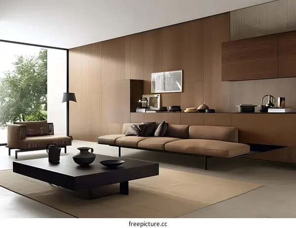 Modern Minimalist Living Room Interior Design with Wooden Wall Panels