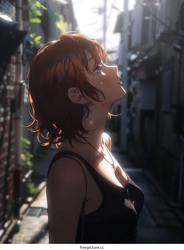 A girl wearing a black vest is looking up at the sky in an alley
