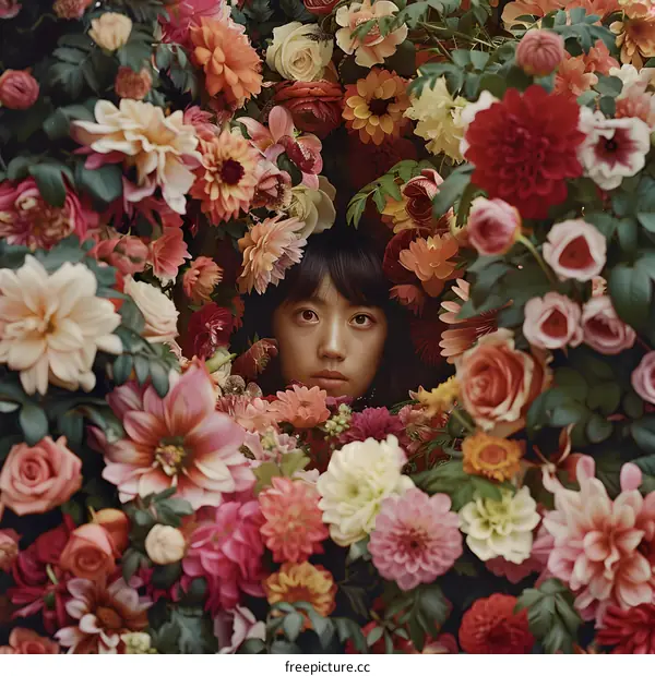Woman Peeking Through Flowers