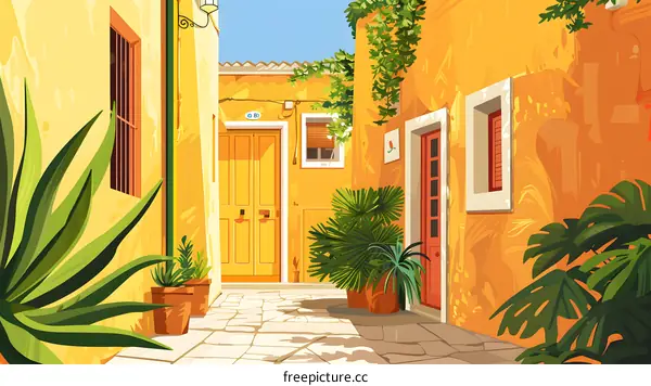 Yellow Building with Green Plants and a Stone Pathway