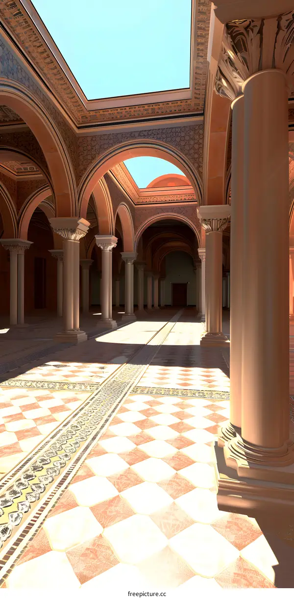 Arched Hallway with Checkered Floor