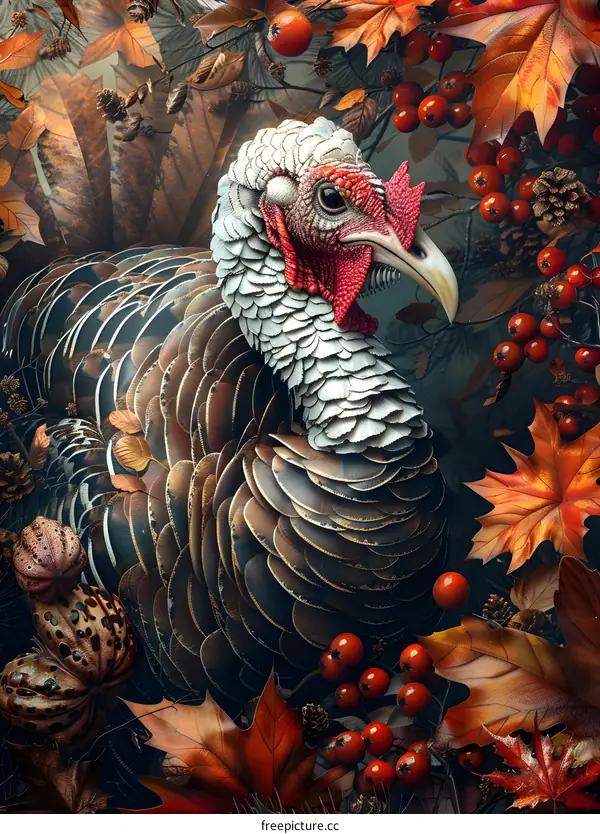 A majestic turkey surrounded by colorful fall foliage.