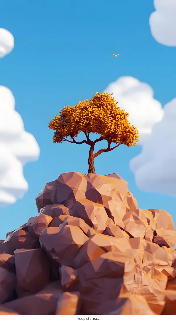 Low Poly Tree on a Rock Formation with a Bird Flying in the Sky