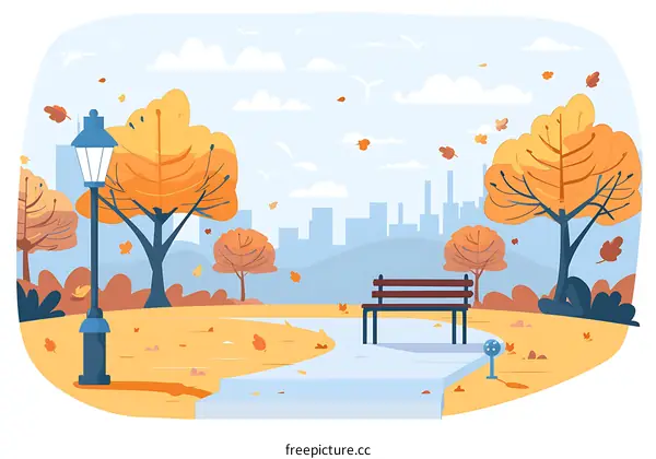 Autumn Park Landscape with Bench and Streetlight