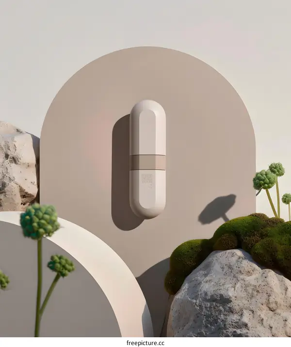 Minimalist Product Photography with Beige Pill Shaped Object on Geometric Shapes and Mossy Rocks