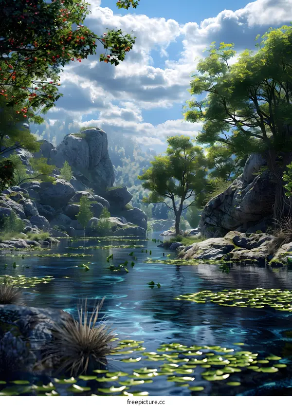 Peaceful Mountain River Landscape with Lush Greenery and Blue Sky