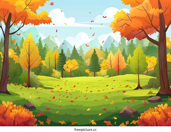Autumn Landscape With Falling Leaves And Mountains Background