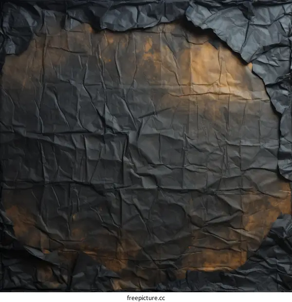 black crumpled paper with torn edges on brown background