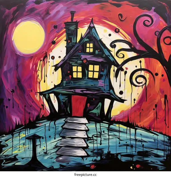 Vibrant painting of a haunted house with bright colors